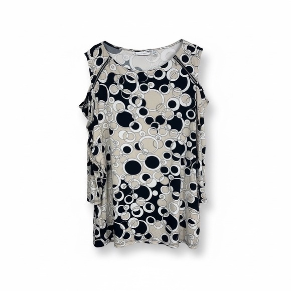 Susan Graver Tops - Susan‎ Graver Top Women Cold Shoulder Geometric Circle Print Black Tan 3X